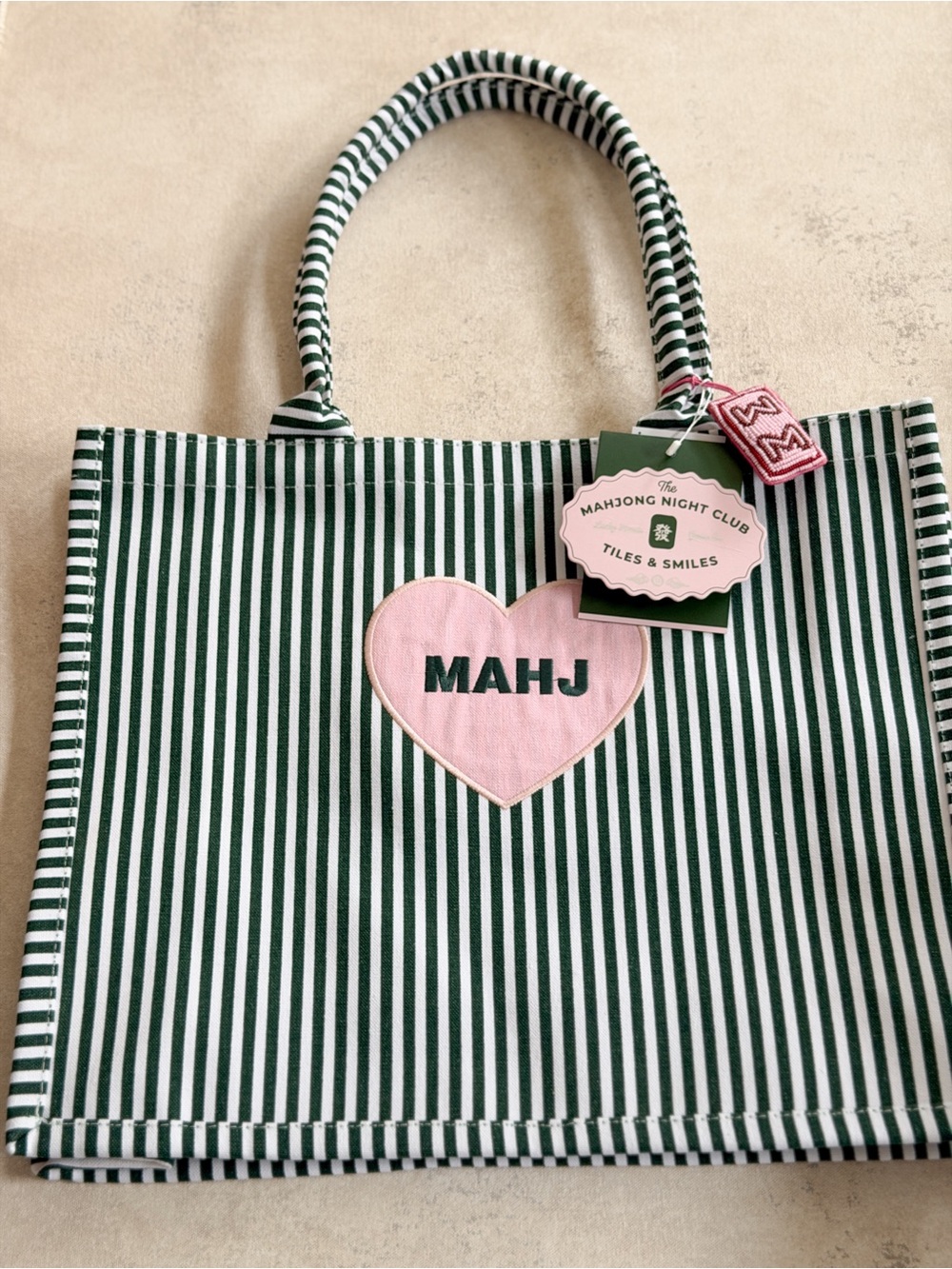 Mahjong - MAHJ Green & Pink Striped Tote Bag by Tiles and Smiles - Large